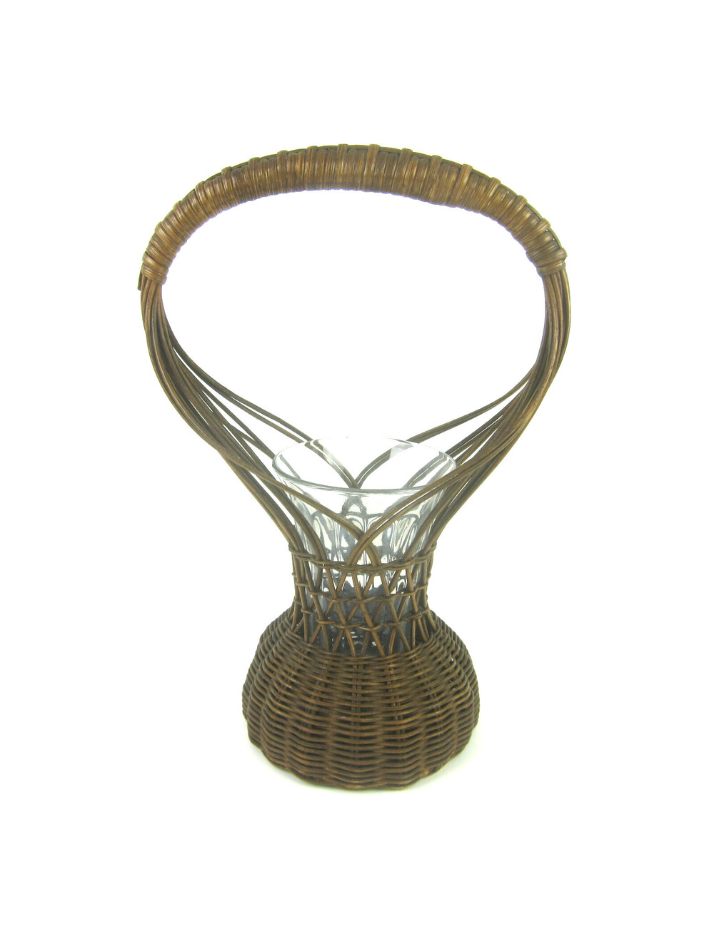 Vintage Wicker Flower Basket Handle Glass Insert 12" Tall Circa 1940s